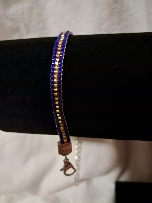 Regal Oasis Bracelet, Cobalt Blue, Gold, Miyuki Delica Glass Seed Beads, Woven, Adjustable