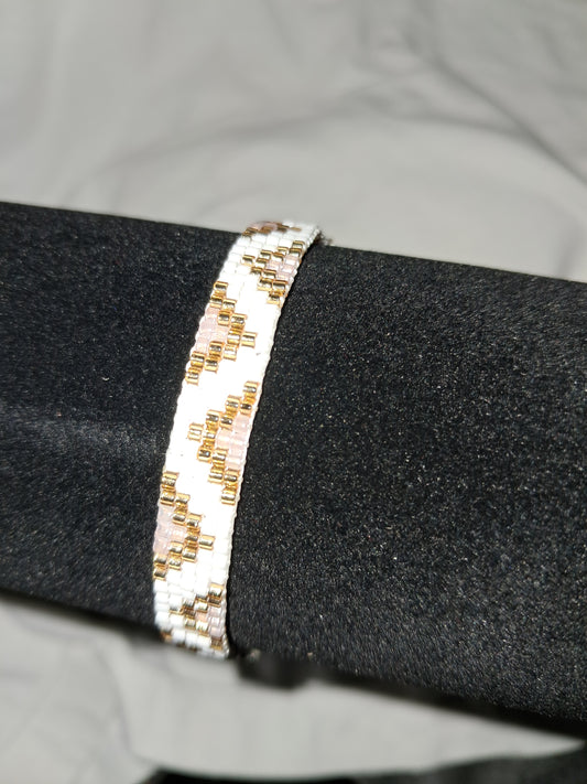 Royal Sparkle Zigzag Bracelet, Woven, Miyuki Glass Seed Beads, Adjustable, Pink, White, Gold